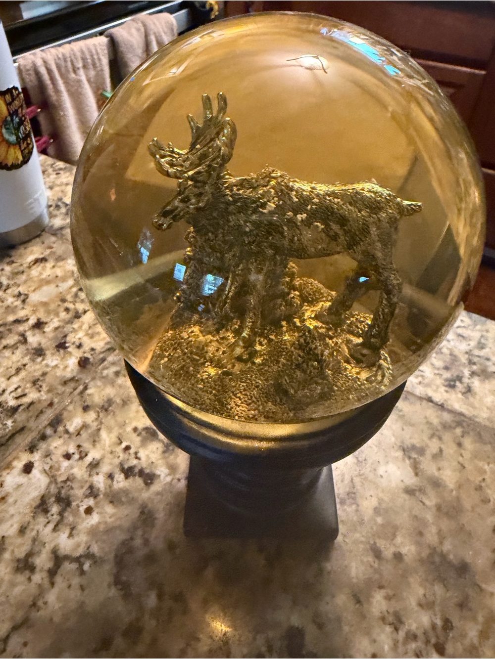 Decorative Gold Mercury Glass Globe a beautiful bronze Deer on Black Pedestal